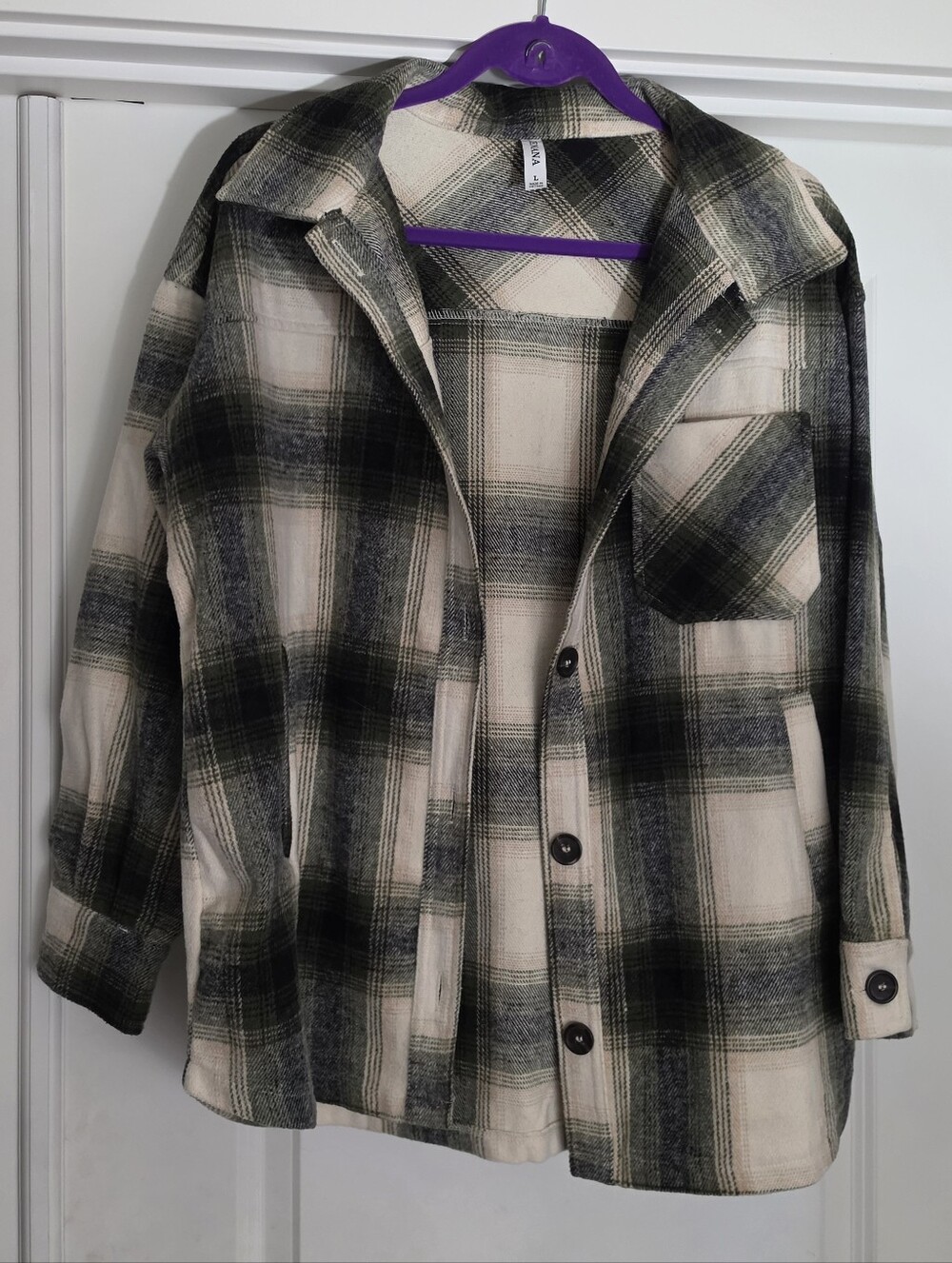 ZENANA Plaid Button-Front Shacket in Cream and Black/Green